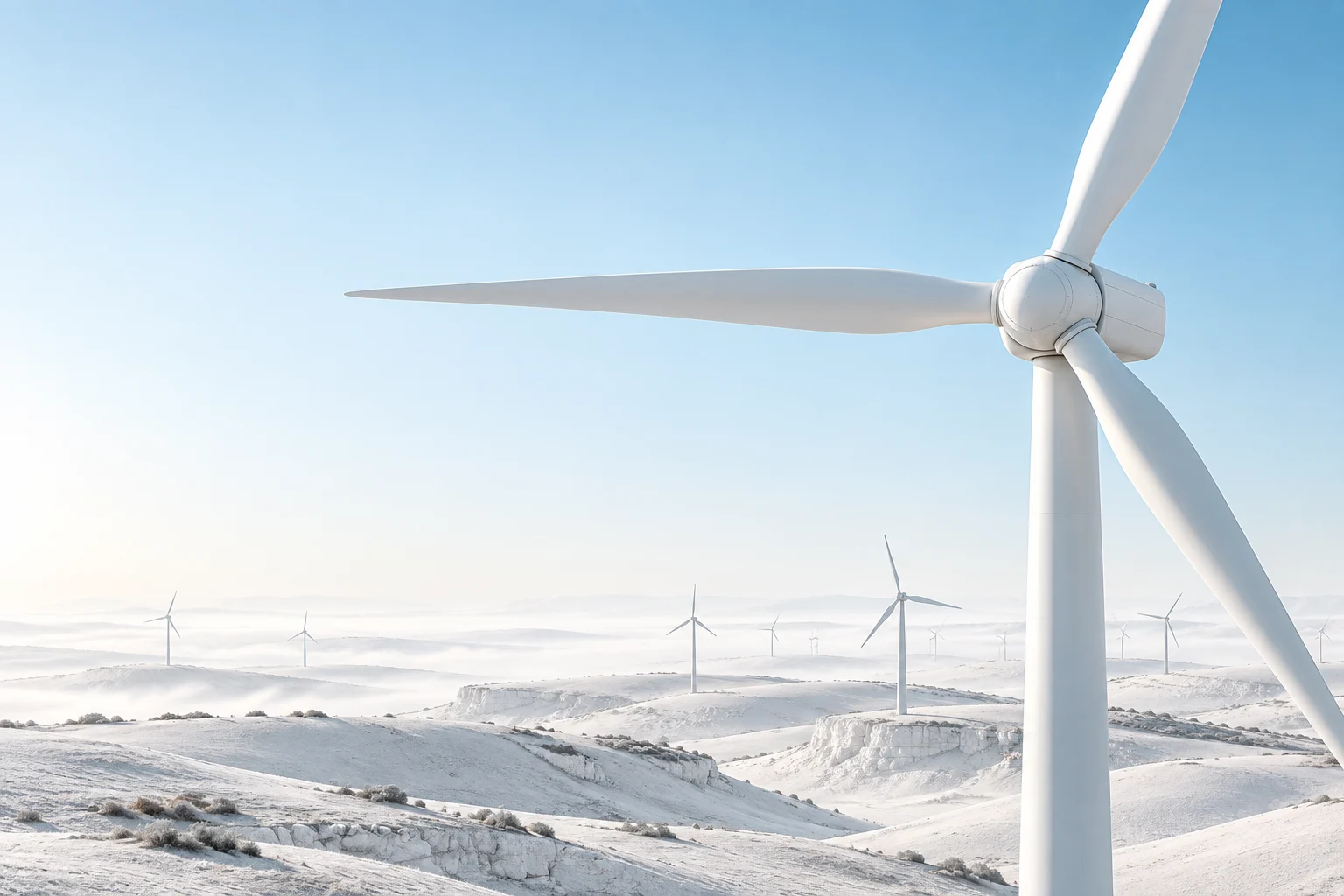 Sculptural white wind turbine above a pale landscape